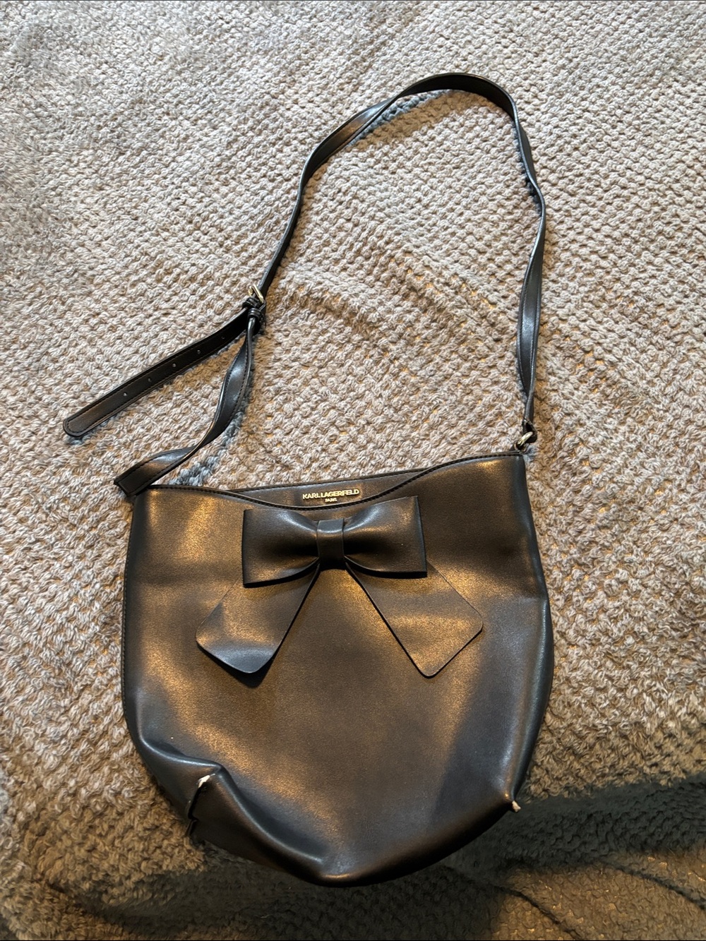 Karl Lagerfeld Black Faux-Leather Shoulder Bag with Bow Accent